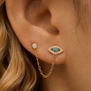 Turquoise Evil Eye Double Stud Chain Earrings Gold Dainty Protection Jewelry